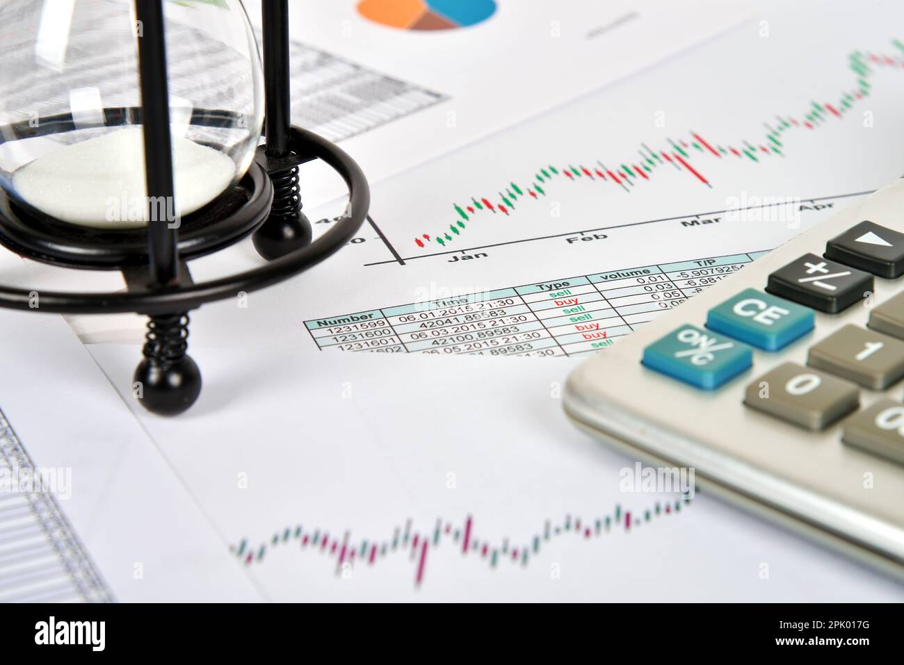 Sandglas, Finanz- und Geschäftsdiagramme und Bericht auf dem Tisch Stockfoto