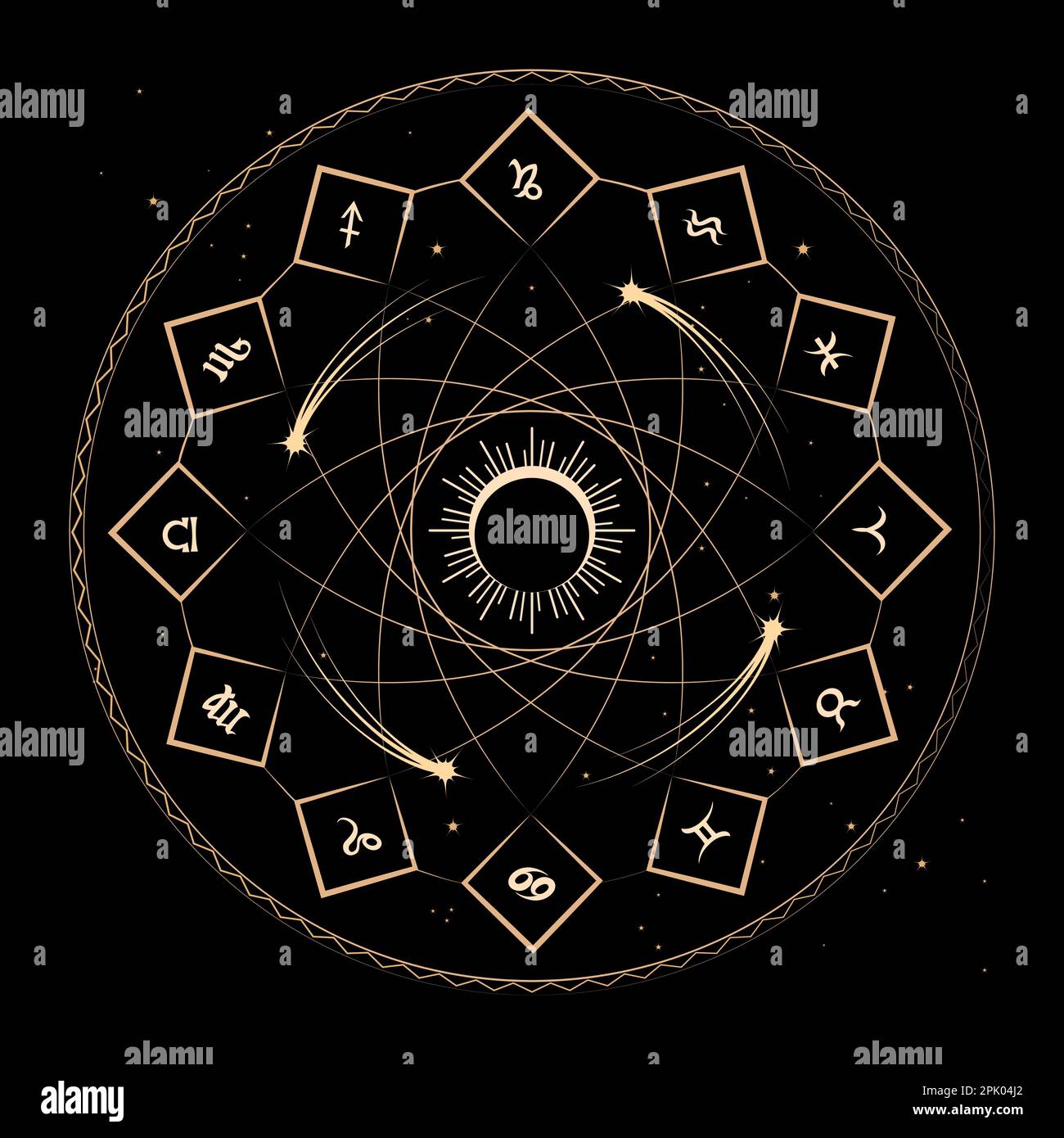 Golden Horoscope Circle Astrologische Zeichen von Zodiac im Golden Horoscope Circle Esoteric Illustration. Vektordarstellung auf weiß isoliert Stock Vektor