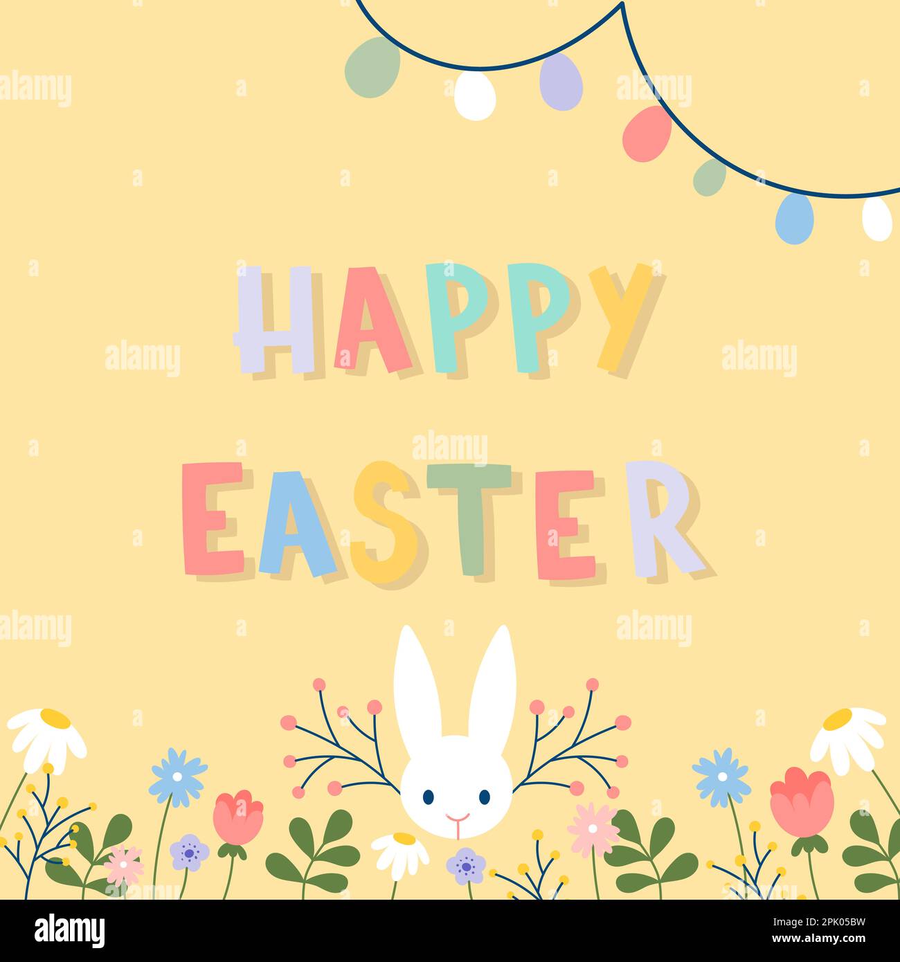 Frohe Osterschrift. Banner mit Eiergirlande, Häschen und Blumen. Vektordarstellung, flaches Design Stock Vektor