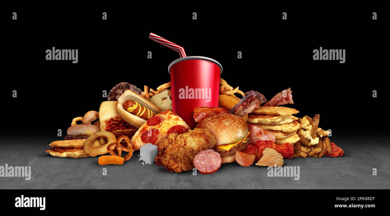 Mast Junk Food wie frittierte Lebensmittel Hamburger alkoholfreie Getränke führen zu Gesundheitsrisiken wie Fettleibigkeit und Diabetes wie frittierte Lebensmittel, die stark ungesund sind Stockfoto