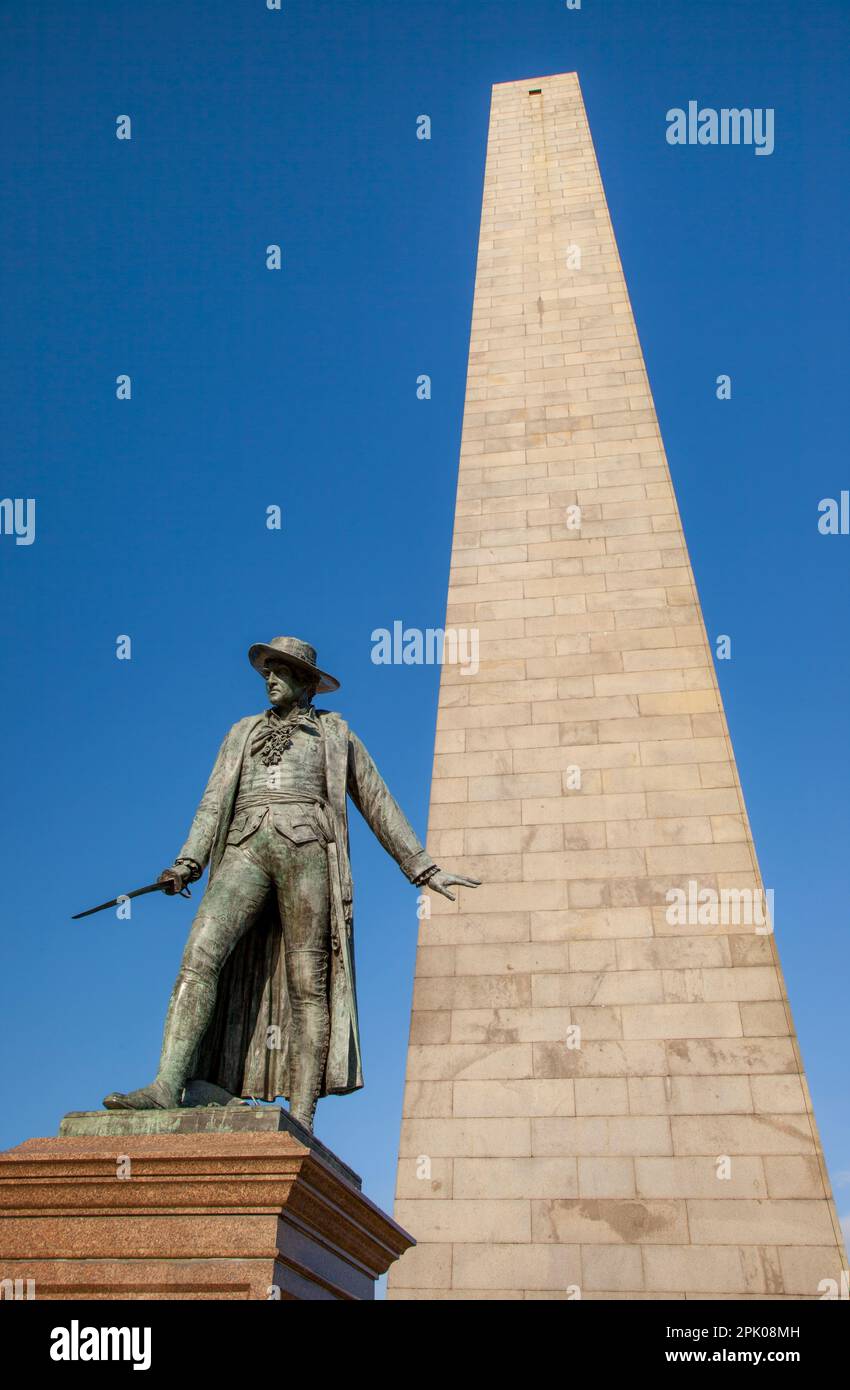 Colonel William Prescott Statue unterhalb des Bunker Hill Memorial, Boston, Massachusetts, USA. Stockfoto