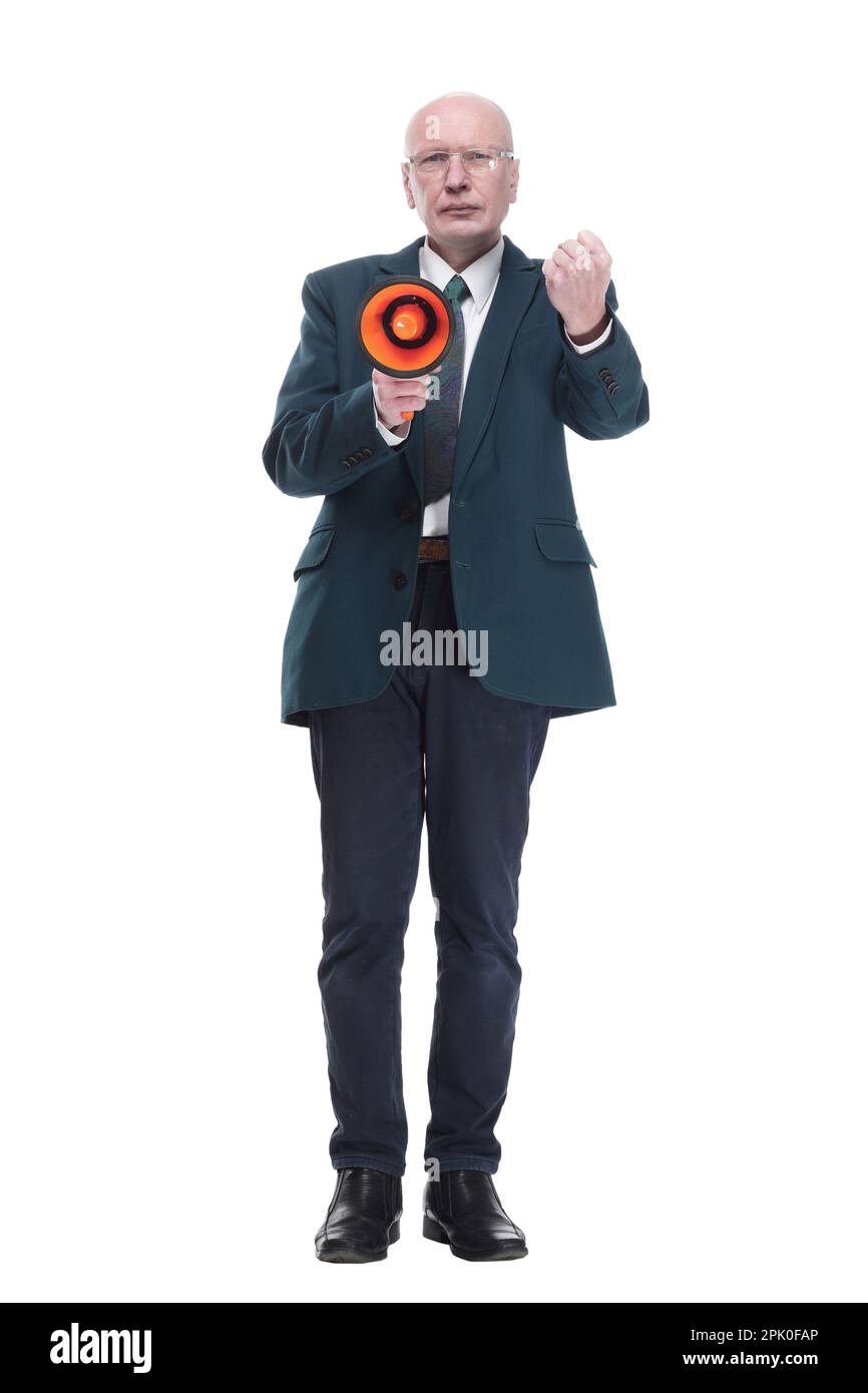 Geschäftsmann mit einem Megaphon, der eine Ankündigung macht. Stockfoto