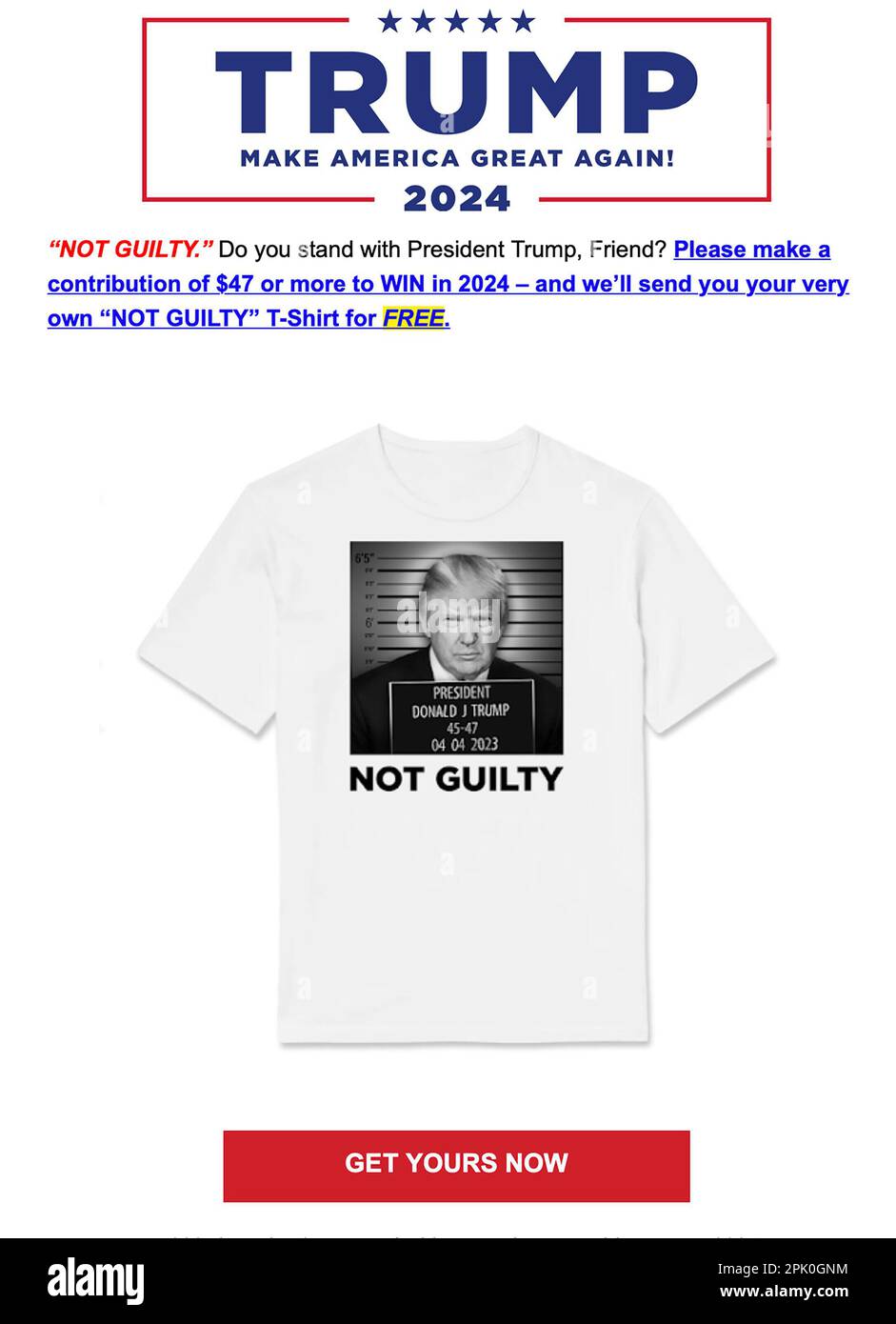 Washington, Vereinigte Staaten. 04. April 2023. Die Präsidentschaftskampagne des ehemaligen US-Präsidenten Donald J. Trump hat diese Aufforderung zur Geldbeschaffung vor seiner Anklageerhebung am Manhattan Criminal Courthouse in New York, New York, am Dienstag, den 4. April 2023, veröffentlicht. Kredit: Trump Save America Joint Fundraising Committee via CNP/dpa/Alamy Live News Stockfoto