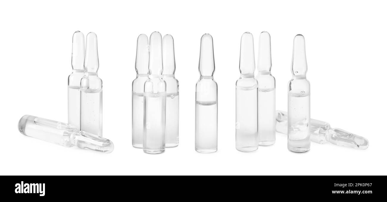 Set mit Glasampullen mit pharmazeutischen Produkten auf weißem Hintergrund. Bannerdesign Stockfoto