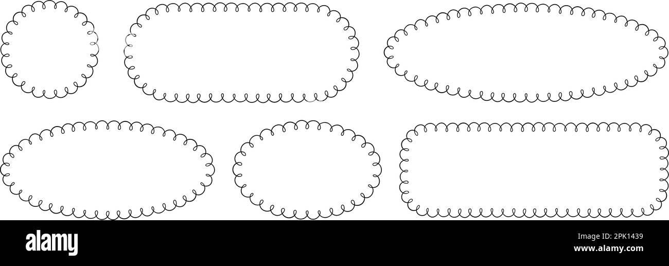 Doodle Circle und ovale Muschelrahmen. Handgezeichnete Rechteck- und Ellipsenformen mit ausgekrümmten Kanten. Einfaches Etikettenformular. Rahmen aus Blumenspitze Stock Vektor