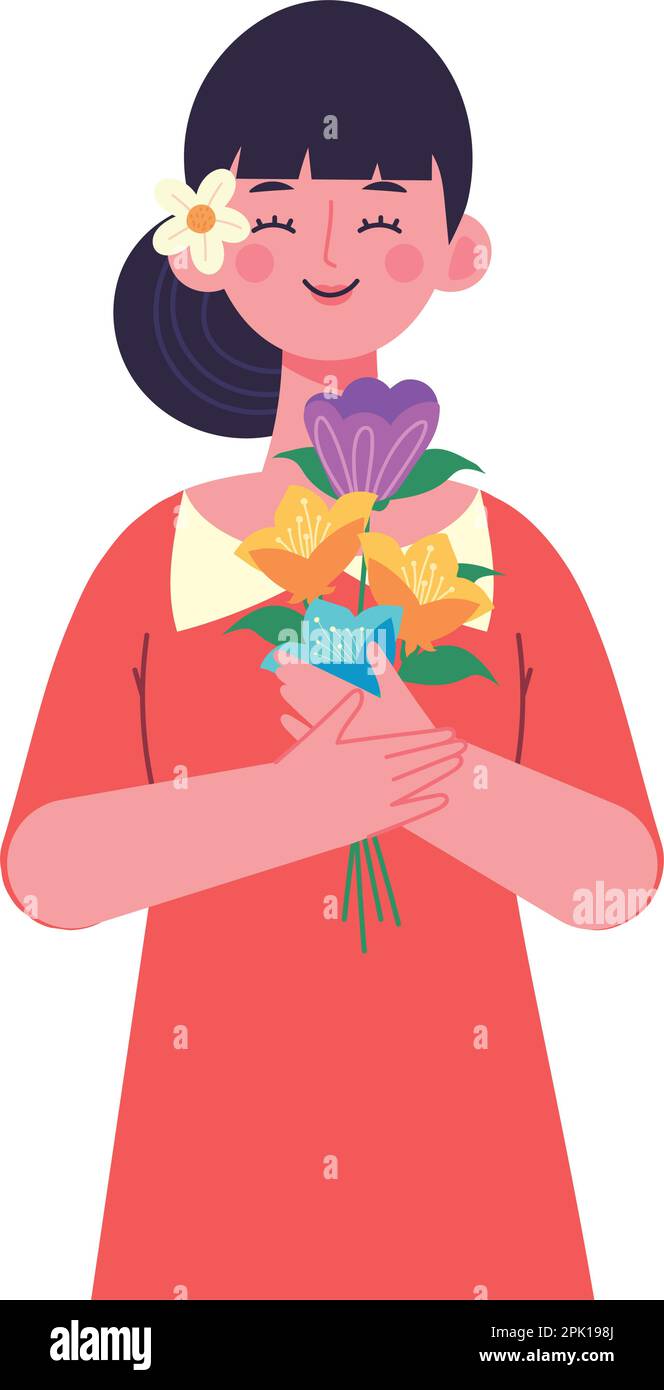 Lächelnde Frau feiert mit Blumen Stock Vektor