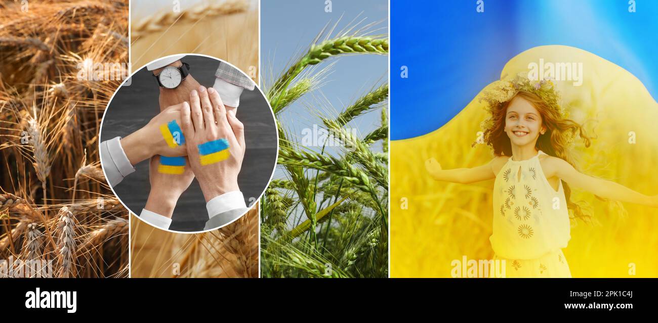 Collage mit verschiedenen wunderschönen Fotos, die der ukrainischen Kultur gewidmet sind. Bannerdesign Stockfoto