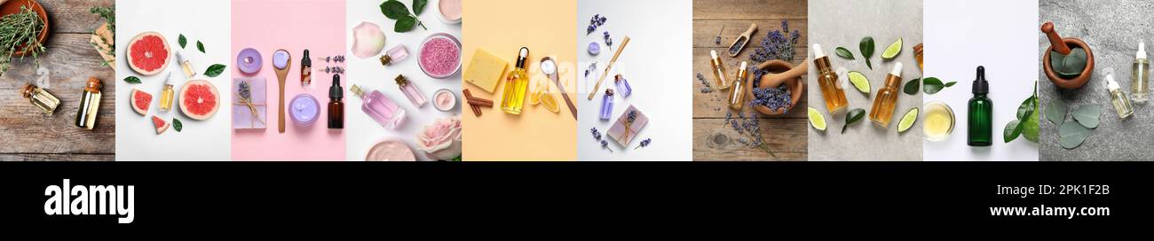 Collage mit wunderschönen Fotos verschiedener natürlicher ätherischer Öle, Draufsicht. Bannerdesign Stockfoto