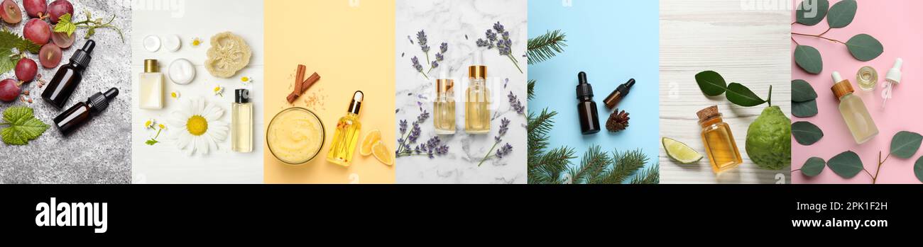 Collage mit wunderschönen Fotos verschiedener natürlicher ätherischer Öle, Draufsicht. Bannerdesign Stockfoto