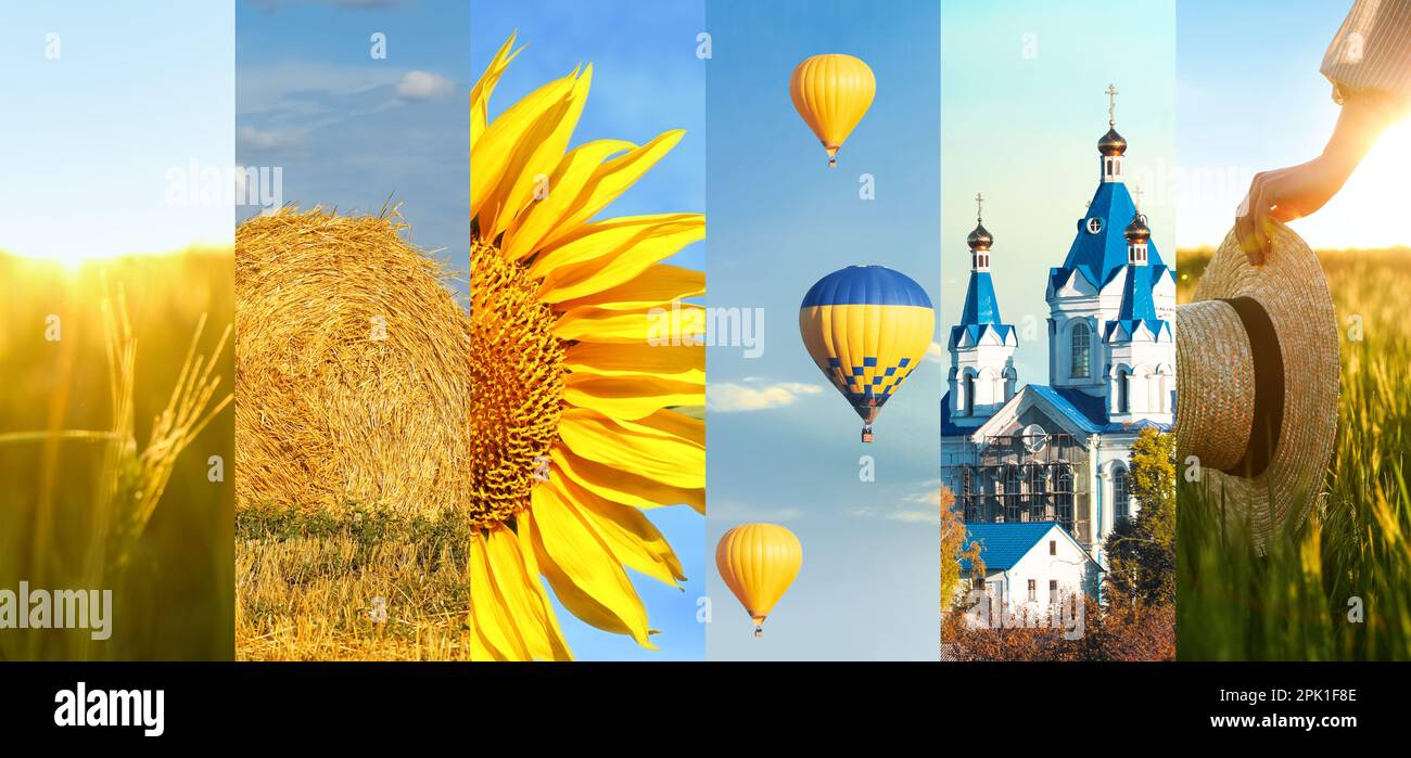 Collage mit verschiedenen wunderschönen Fotos, die der ukrainischen Kultur gewidmet sind. Bannerdesign Stockfoto
