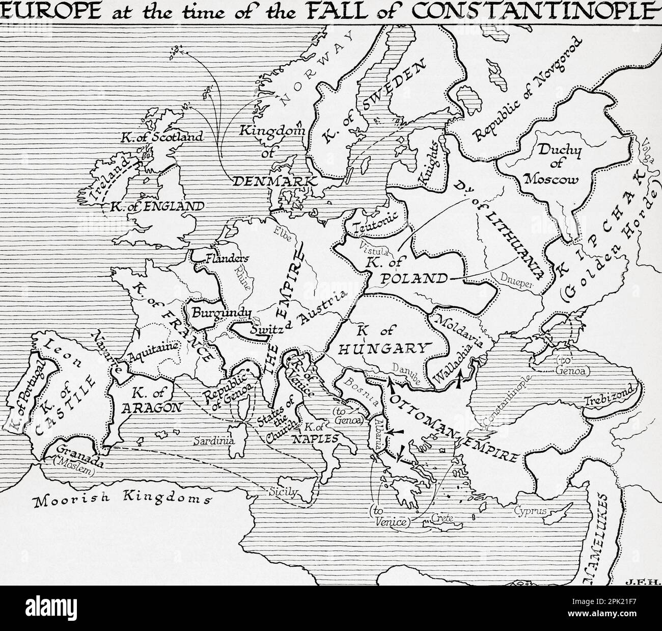 Karte von Europa zur Zeit des Konstantinopelsturzes, 15. Jahrhundert. Aus dem Buch Outline of History von H.G. Wells, veröffentlicht 1920. Stockfoto