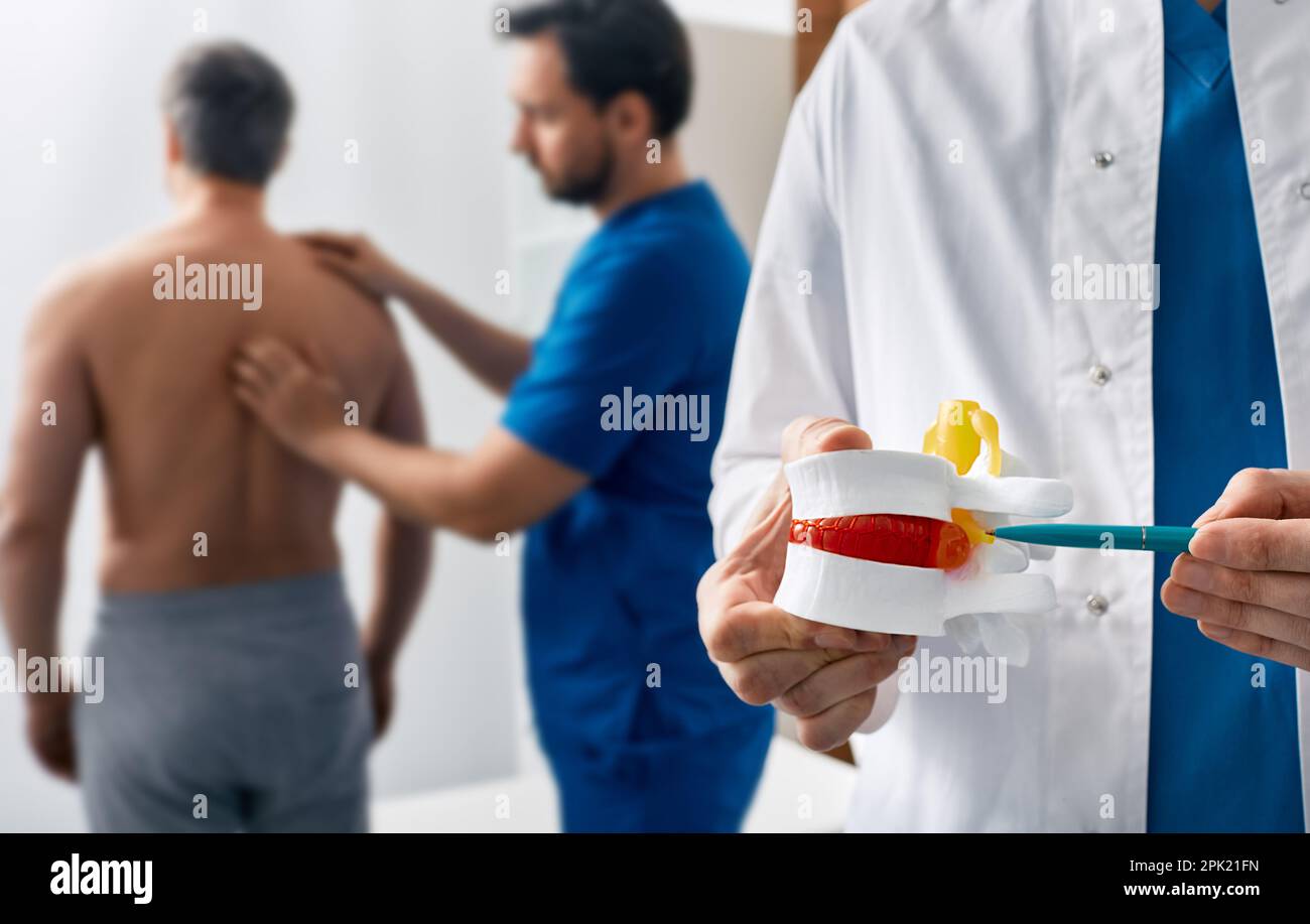 Die Behandlung der intervertebralen Hernie. Chiropraktiker mit anatomischem lumbalen Bandscheibenherniationsmodell bei der Sprechstunde des Menschen mit Rückenschmerzen Stockfoto