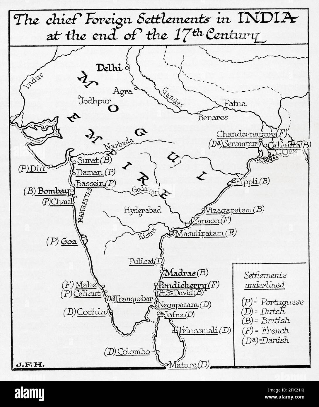 Karte der wichtigsten ausländischen Siedlungen in Indien am Ende des 17. Jahrhunderts. Aus dem Buch Outline of History von H.G. Wells, veröffentlicht 1920. Stockfoto