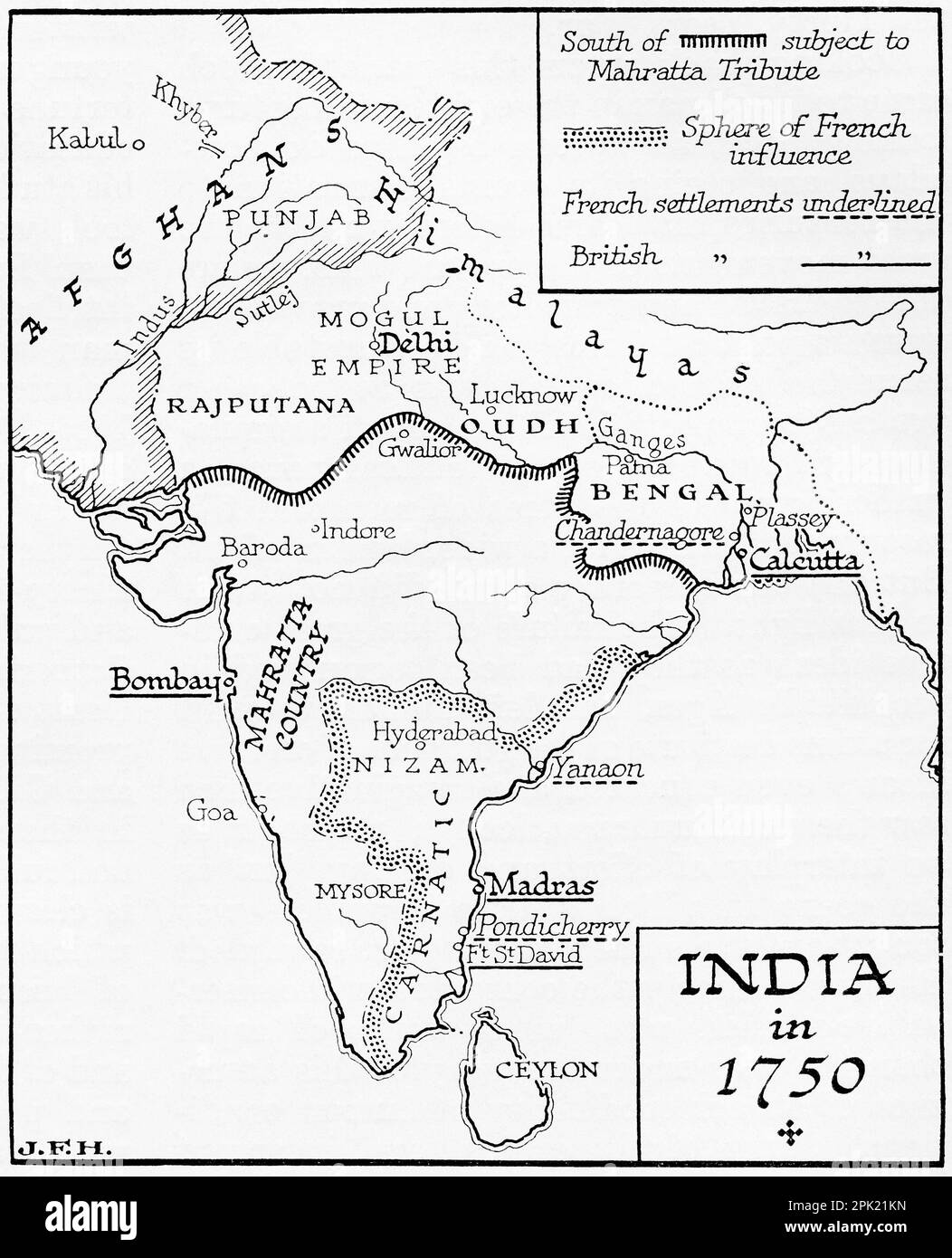 Karte von Indien 1750. Aus dem Buch Outline of History von H.G. Wells, veröffentlicht 1920. Stockfoto
