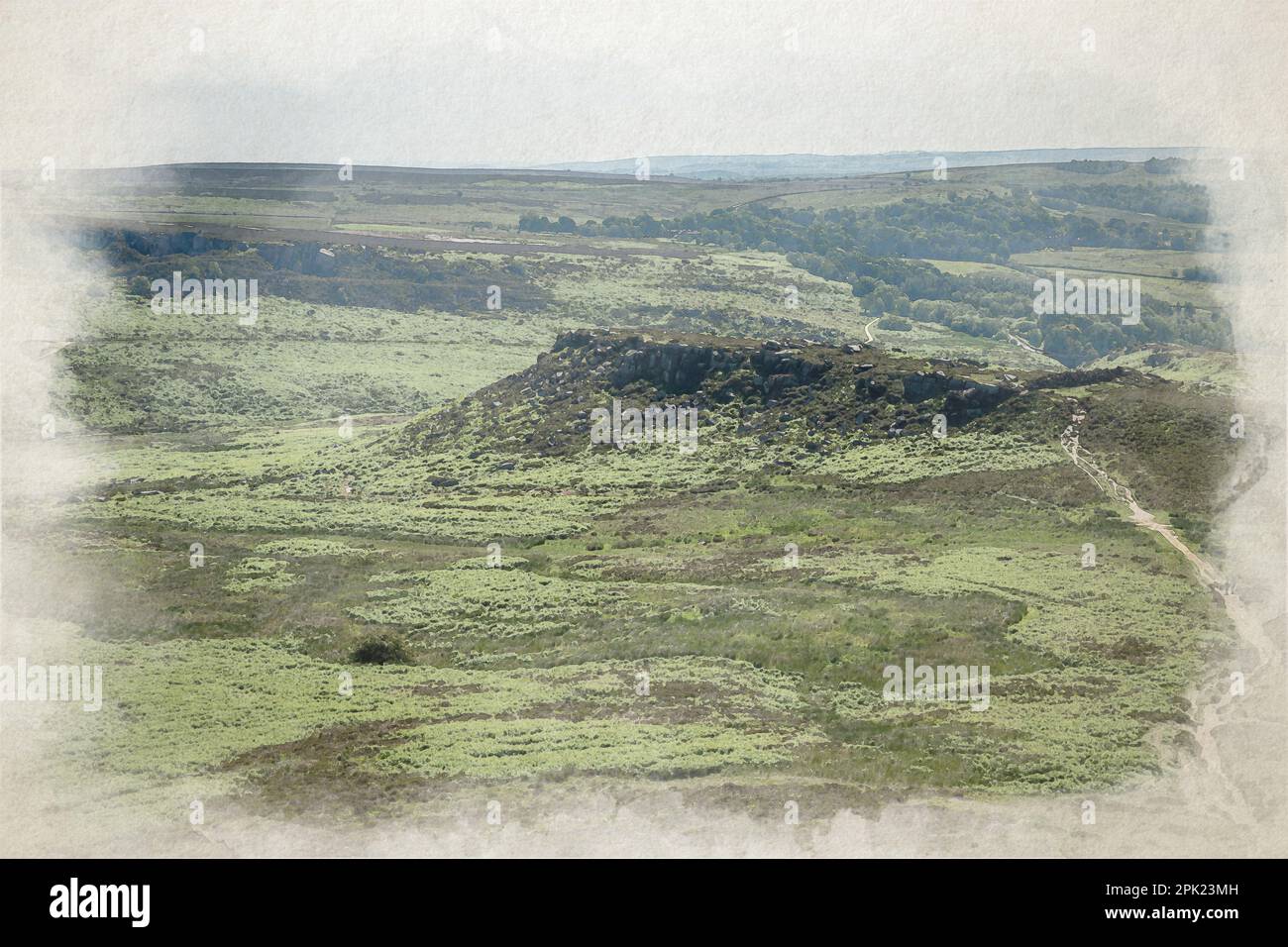 Digitale Aquarellmalerei mit Blick auf das alte Bergfort Carl Wark aus der Eisenzeit vom Higger Tor im Peak District National Park, Derbyshire, U Stockfoto