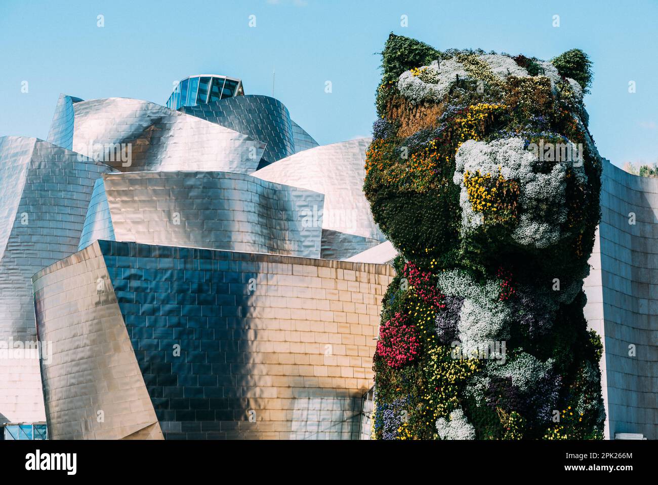 Bilbao, Spanien - 3. April 2023: Weltweit größte Blumenskulptur des Welpen vor dem Guggenheim Museum für moderne und zeitgenössische Kunst Stockfoto
