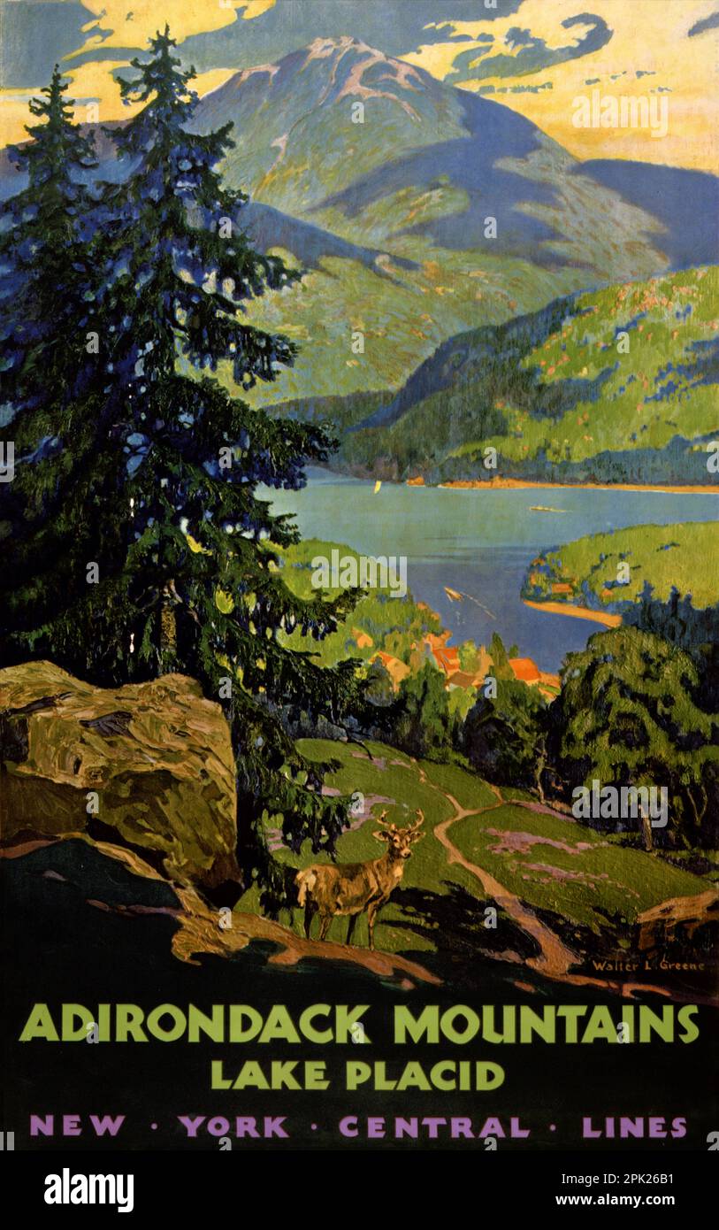 Adirondack Mountains. Lake Placid. New York Central Lines von Walter L. Greene (1870-1956). Poster wurde 1935 in den USA veröffentlicht. Stockfoto