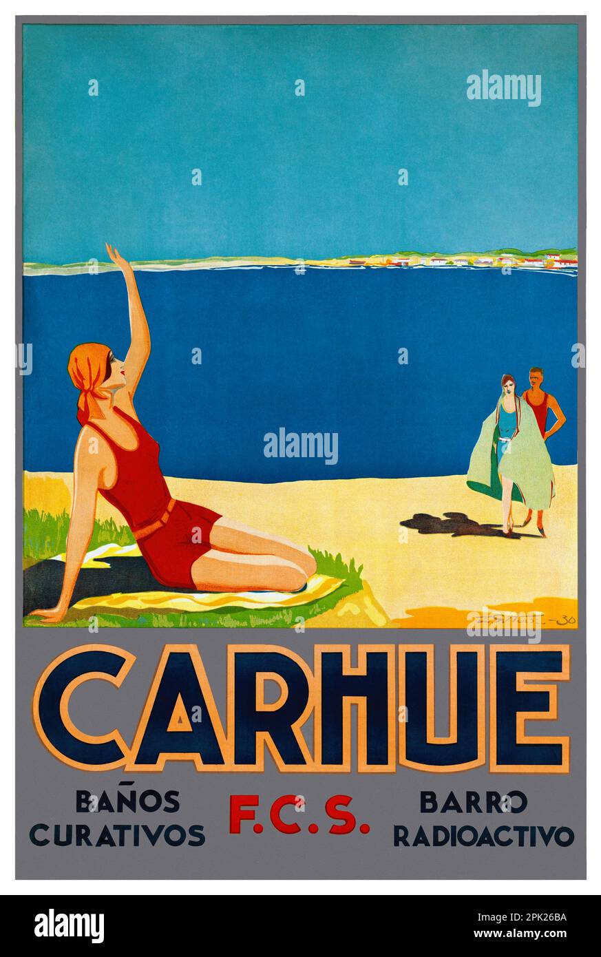 Carhue. Banos Curativos. F.C.S. Barro Radioactivo. Künstler unbekannt. Poster wurde 1930 in Argentinien veröffentlicht. Stockfoto