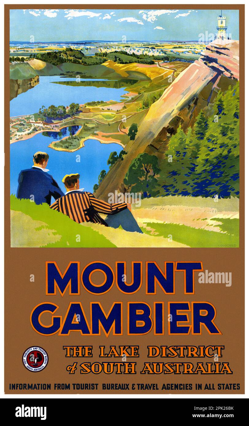 Mount Gambier. Lake District of South Australia von John Charles Goodchild (1898-1980). Poster in den 1930er in Australien veröffentlicht. Stockfoto