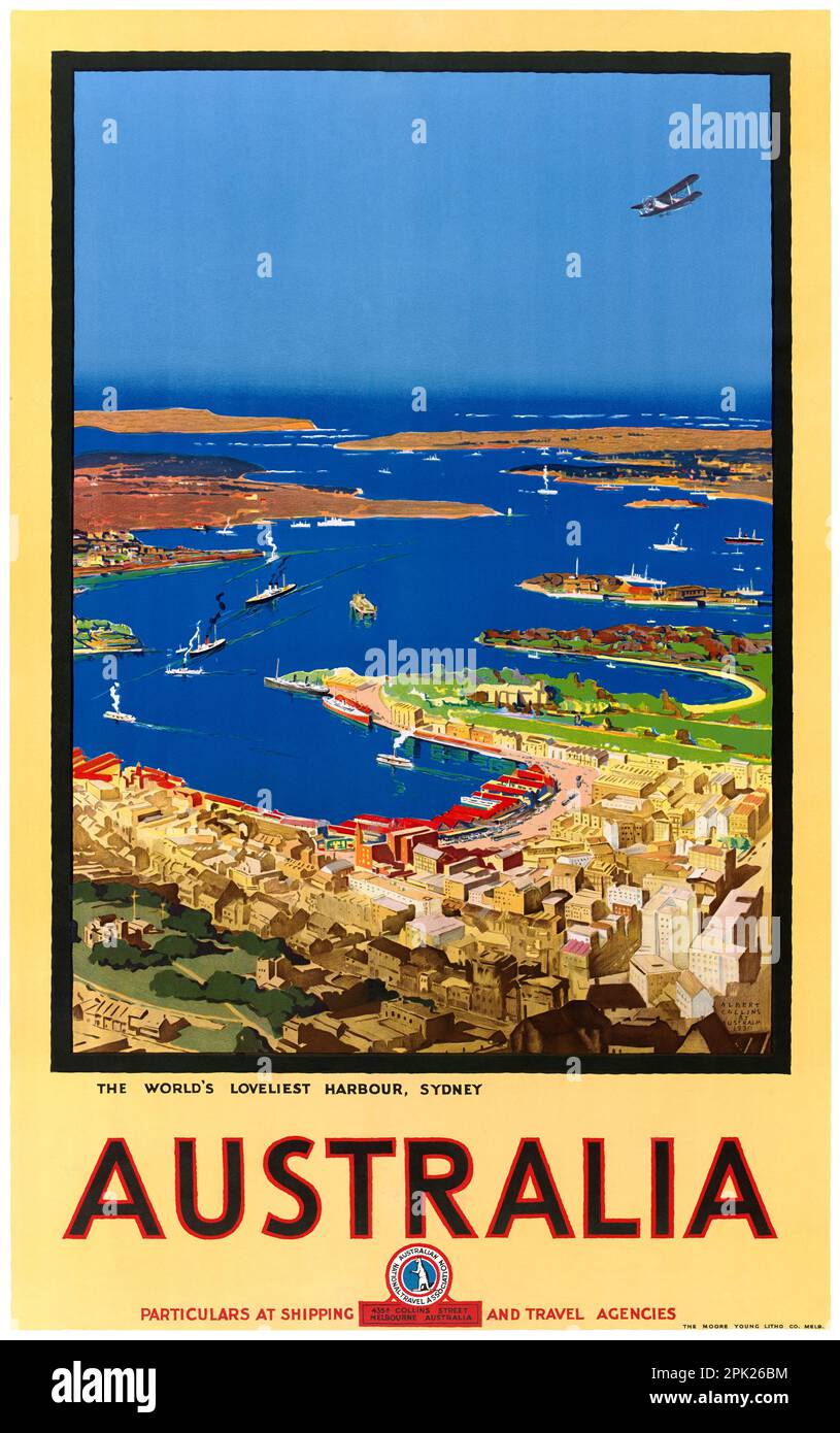 Australien. Der schönste Hafen der Welt, Sydney von Albert Collins (1883-1951). Poster veröffentlicht im Jahr 1930. Stockfoto