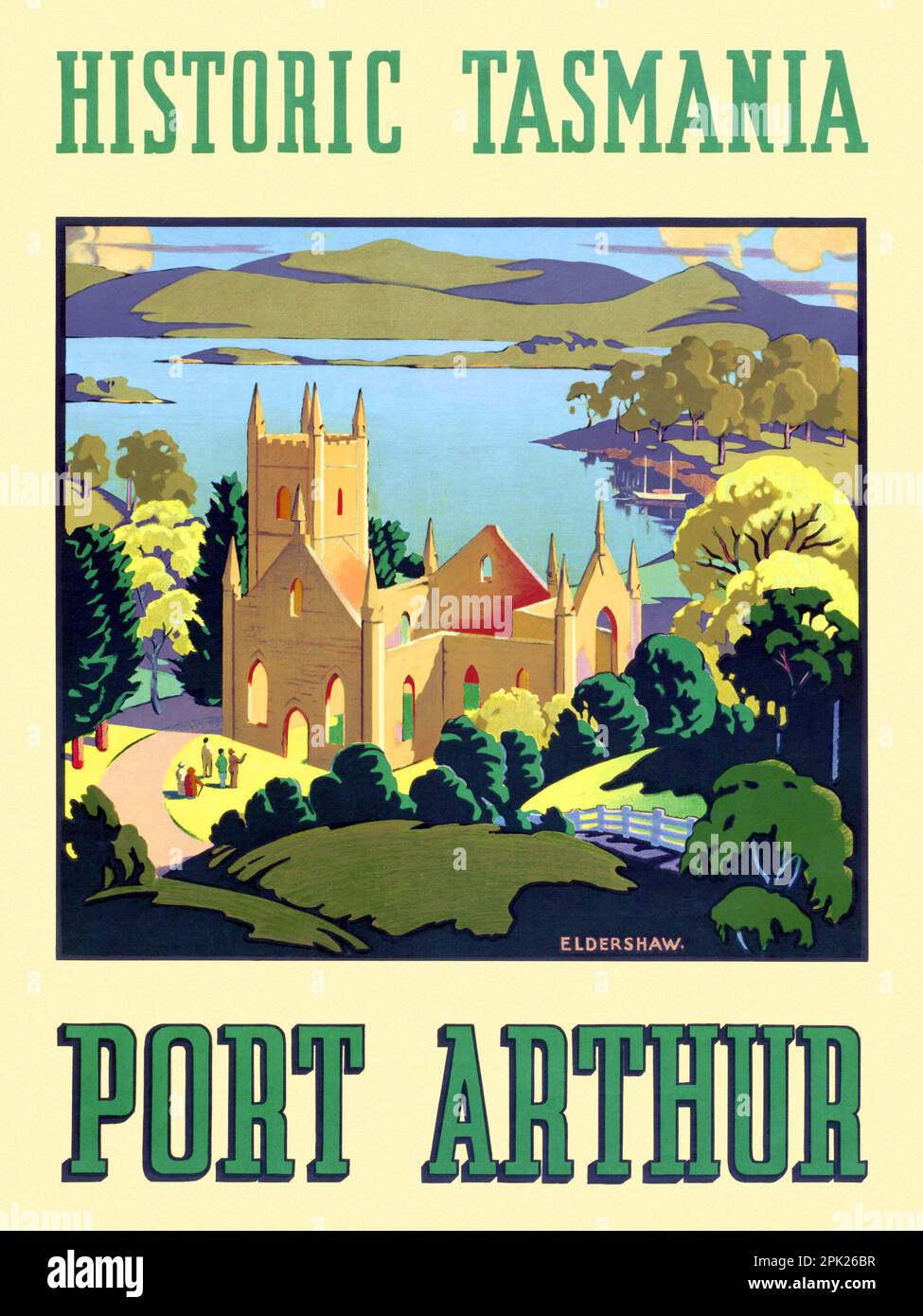 Historisches Tasmanien. Port Arthur von John Eldershaw (1892-1973). Poster in den 1930er in Australien veröffentlicht. Stockfoto