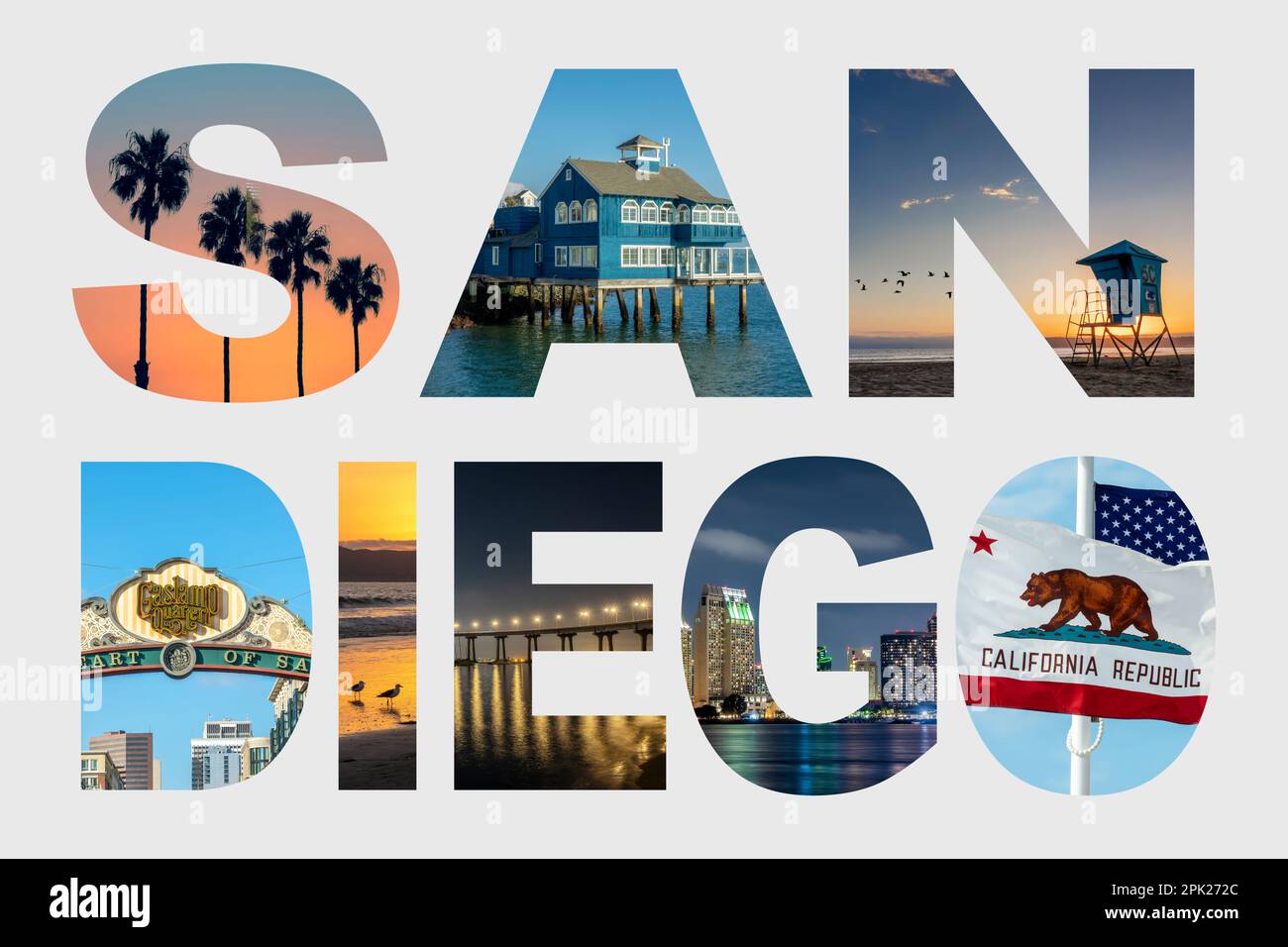 Buchstaben SAN DIEGO, berühmte Wahrzeichen Fotocollage isoliert auf weißem Hintergrund Stockfoto