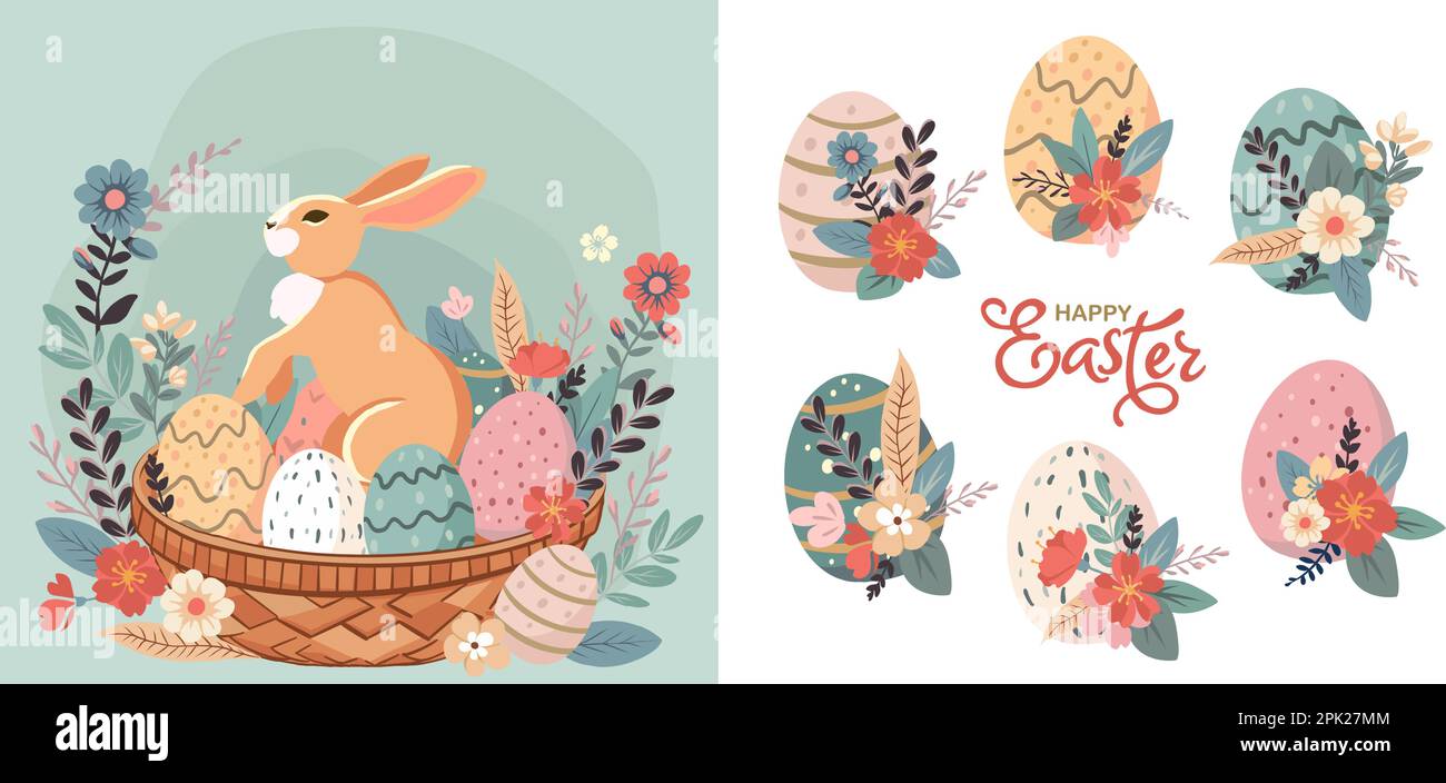 Frohe Osterbanner, Grußkarten, Poster, Weihnachtsblätter. Trendiges Doodle-Design mit Typografie, handgezeichneten Strichen, Punkten und Eiern in Paste Stock Vektor