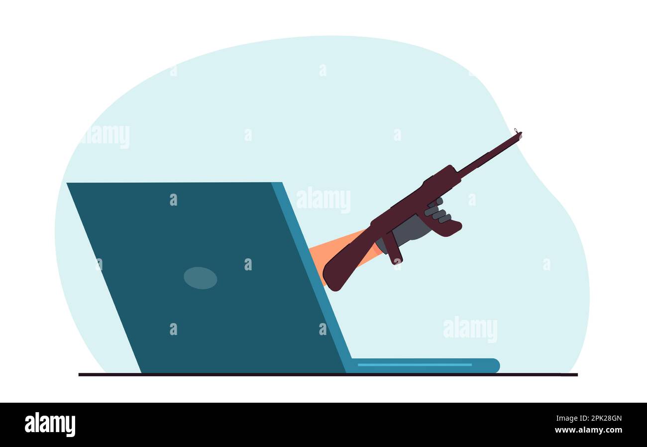 Die Hand des Terroristen hält ein Gewehr, das aus dem Laptop-Bildschirm kommt Stock Vektor