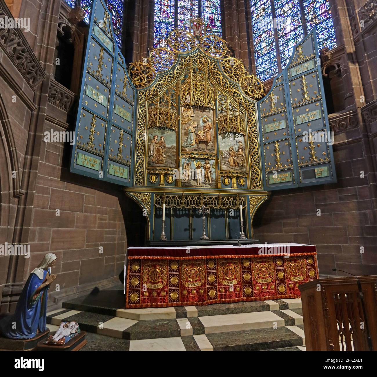 Scotts Lady Chapel, Altar, Jungfrau Maria, anglikanische Kathedrale Liverpool, St. James' Mount, Liverpool, Merseyside, England, Großbritannien, L1 7AZ Stockfoto