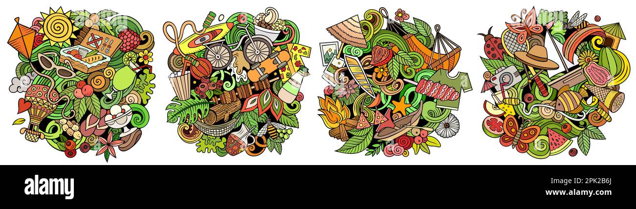 Sommer Cartoon Vektor Doodle Designs Set. Farbenfrohe, detailreiche Kompositionen mit vielen sommerlichen Objekten und Symbolen. Isoliert auf weißen Abbildungen Stock Vektor