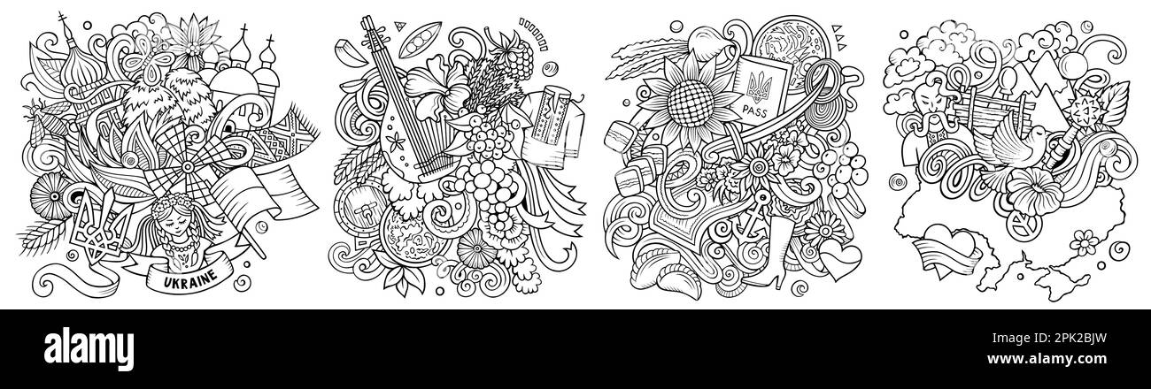 Ukrainischer Cartoon-Vektor-Doodle-Design-Set. Strichkunst detaillierte Kompositionen mit vielen ukrainischen Objekten und Symbolen Stock Vektor