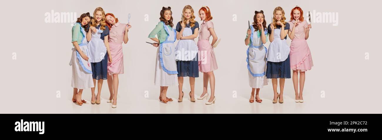 Collage mit einer Gruppe bezaubernder Hausfrauen, die Uniform im Retro-Stil im amerikanischen Stil mit hellem Hintergrund tragen. Banner Stockfoto