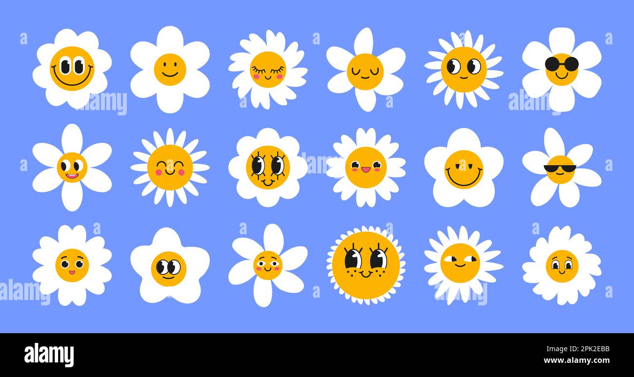 Gänseblümchen mit süßen Gesichtern Zeichentrickset Stock Vektor