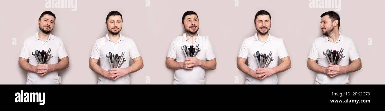 Collage eines lächelnden, glücklichen bärtigen Mannes mit einem Strauß von Schraubenschlüsseln, Schraubenschlüsseln und Schraubendreherbanner. Panorama-Webheader. Breitbild-Hintergrundbild Stockfoto