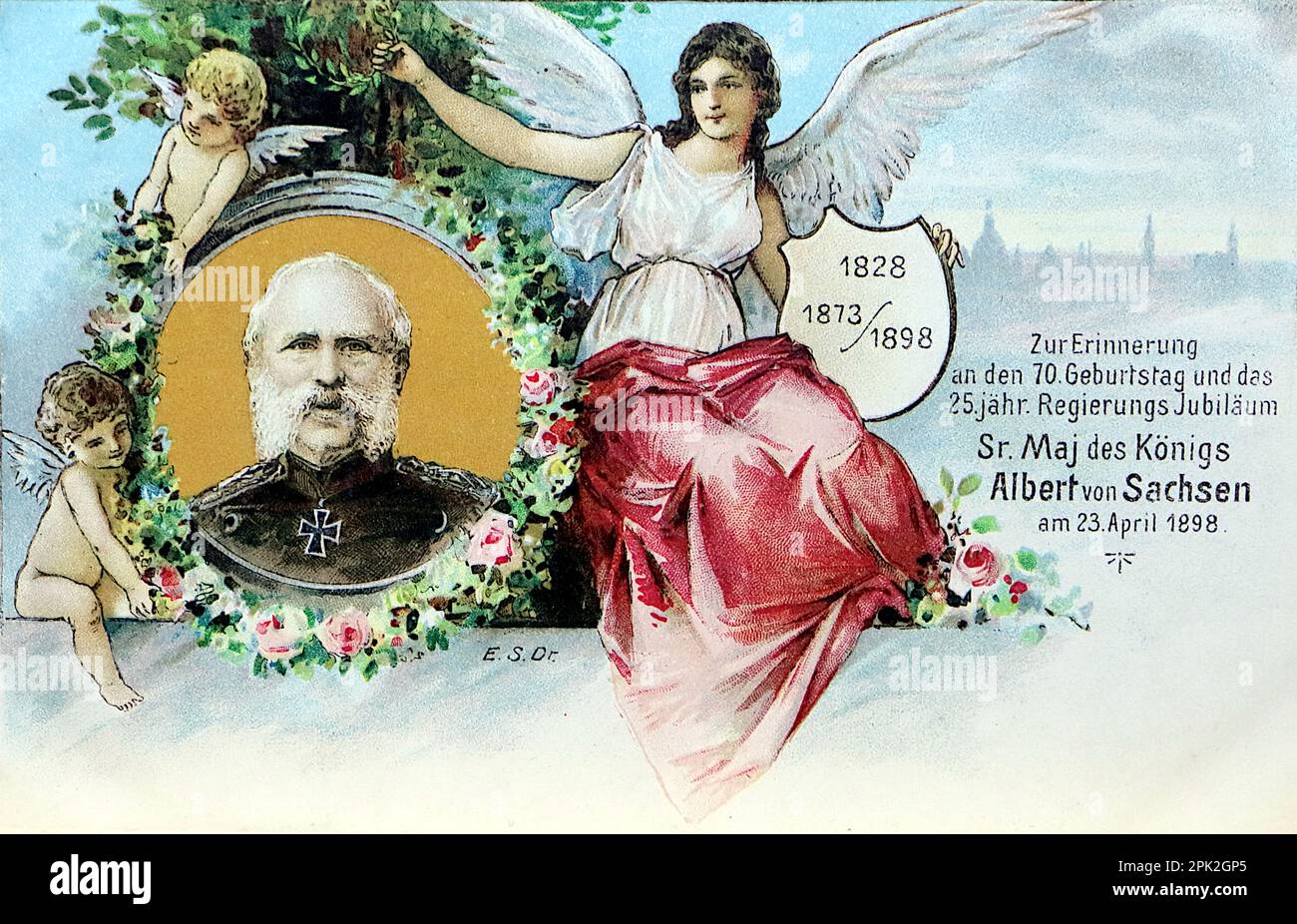 Eine 1898-Postkarte mit Albert von Saschen, König von Sachsen. Diese Karte wurde 1828 geboren und feiert seinen siebzigsten Geburtstag sowie sein Silberjubiläum. Stockfoto