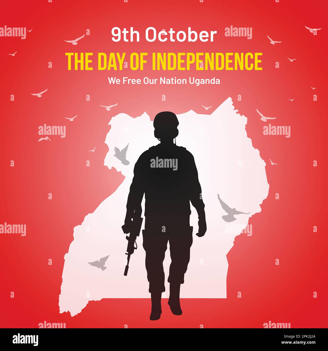Vektordesign Für Den Unabhängigkeitstag In Uganda. 9. Oktober Ugander Nationalfeiertag Hintergrund mit Elementen der Nationalfarbe, Karte, Armee, Taube. Stock Vektor