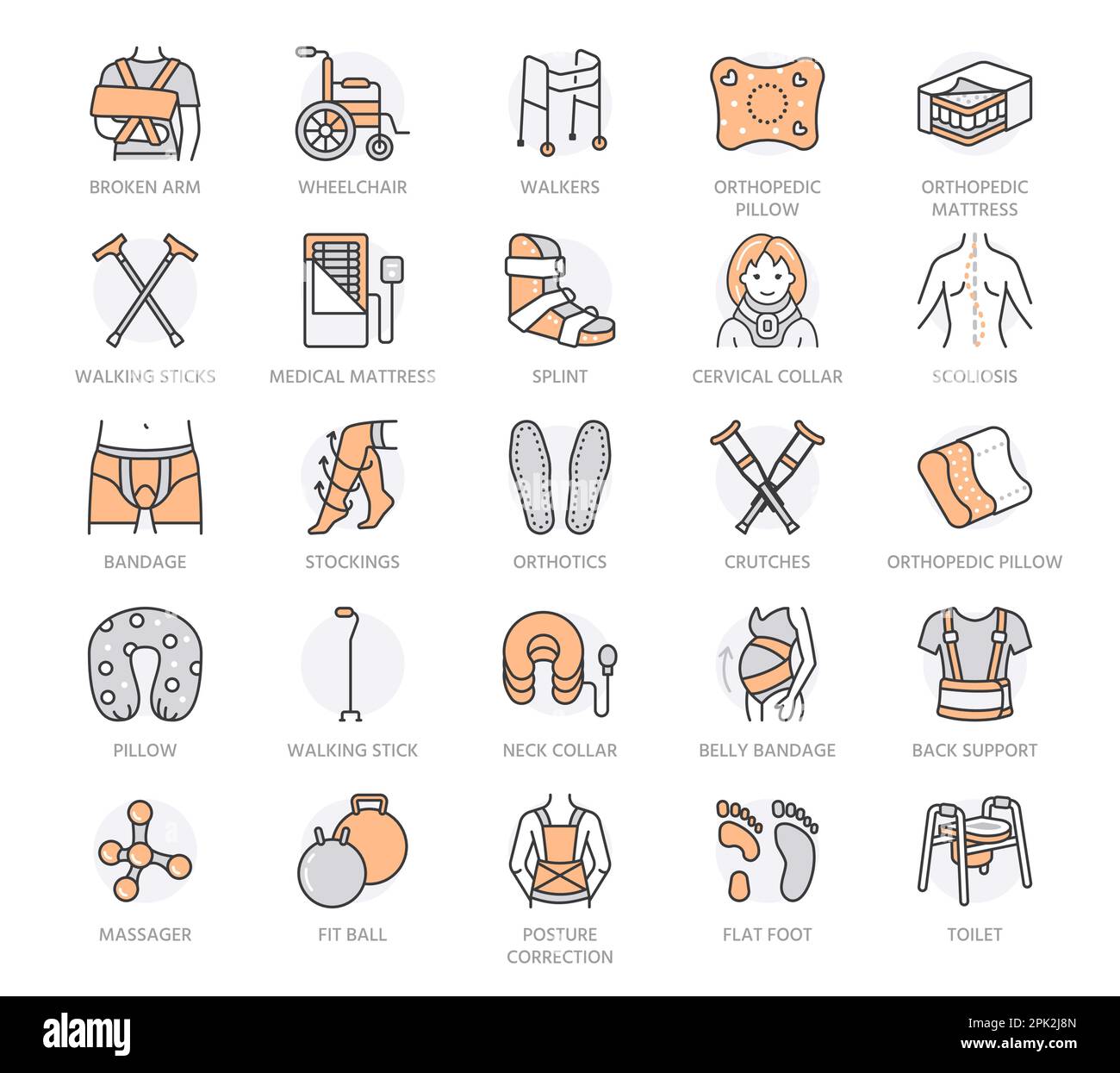 Orthopädische, traumatische Rehabilitationsliniensymbole. Krücken, Matratzen, Kissen, Halsband, Gehhilfen und andere medizinische Reha-Produkte. Gesundheitsfürsorge dünn Stock Vektor