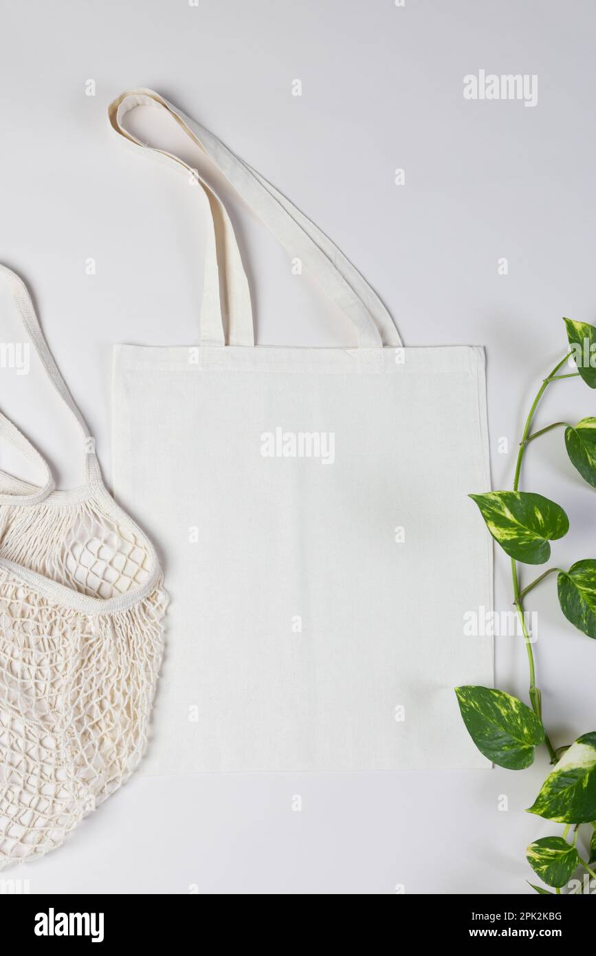 Großer Winkel von weißem Netz und Segeltasche mit Kopierbereich und Pflanze auf weißem Hintergrund Stockfoto