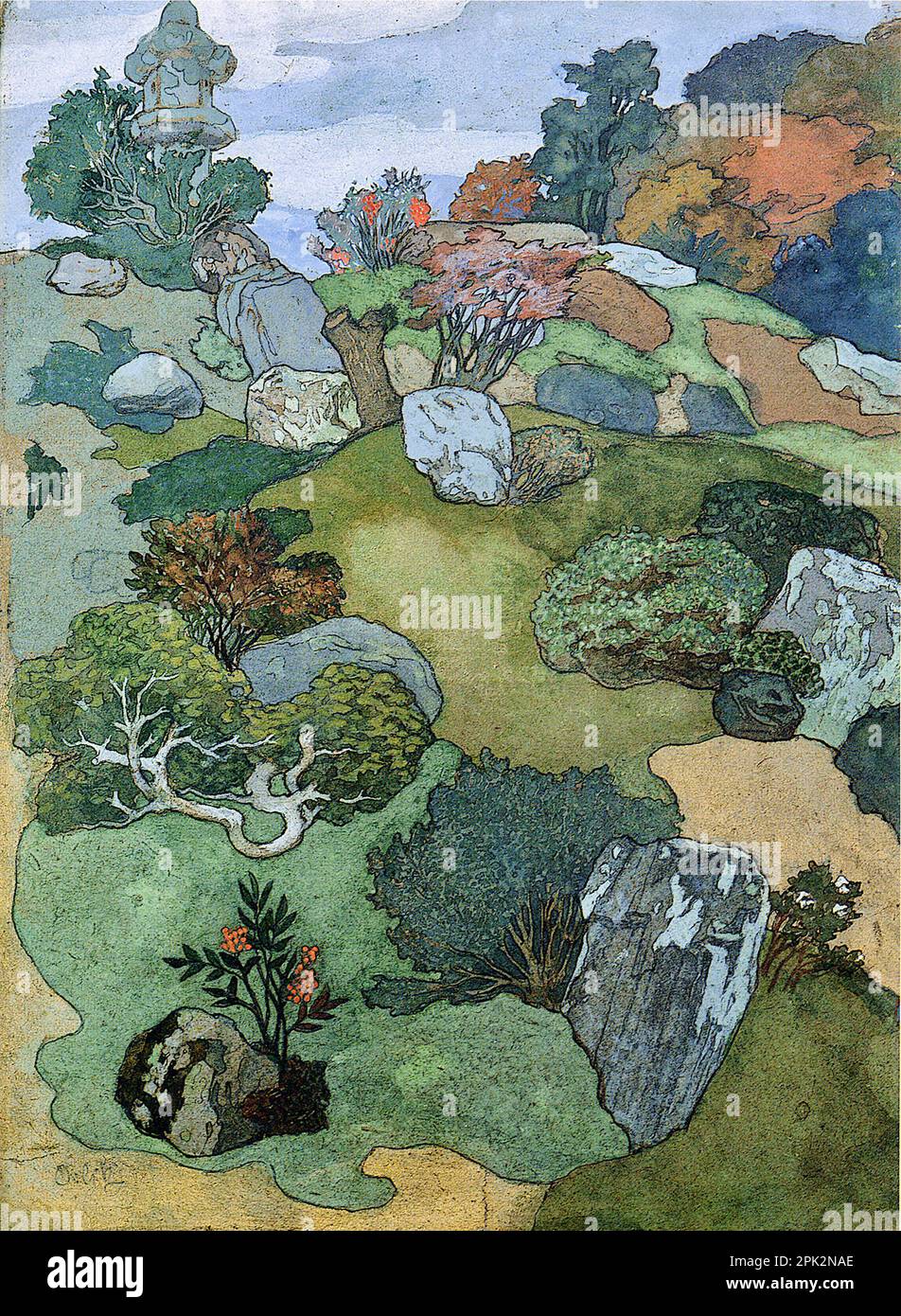 Emil Orlik - ein alter Garten in Kyoto - c1900 Stockfoto