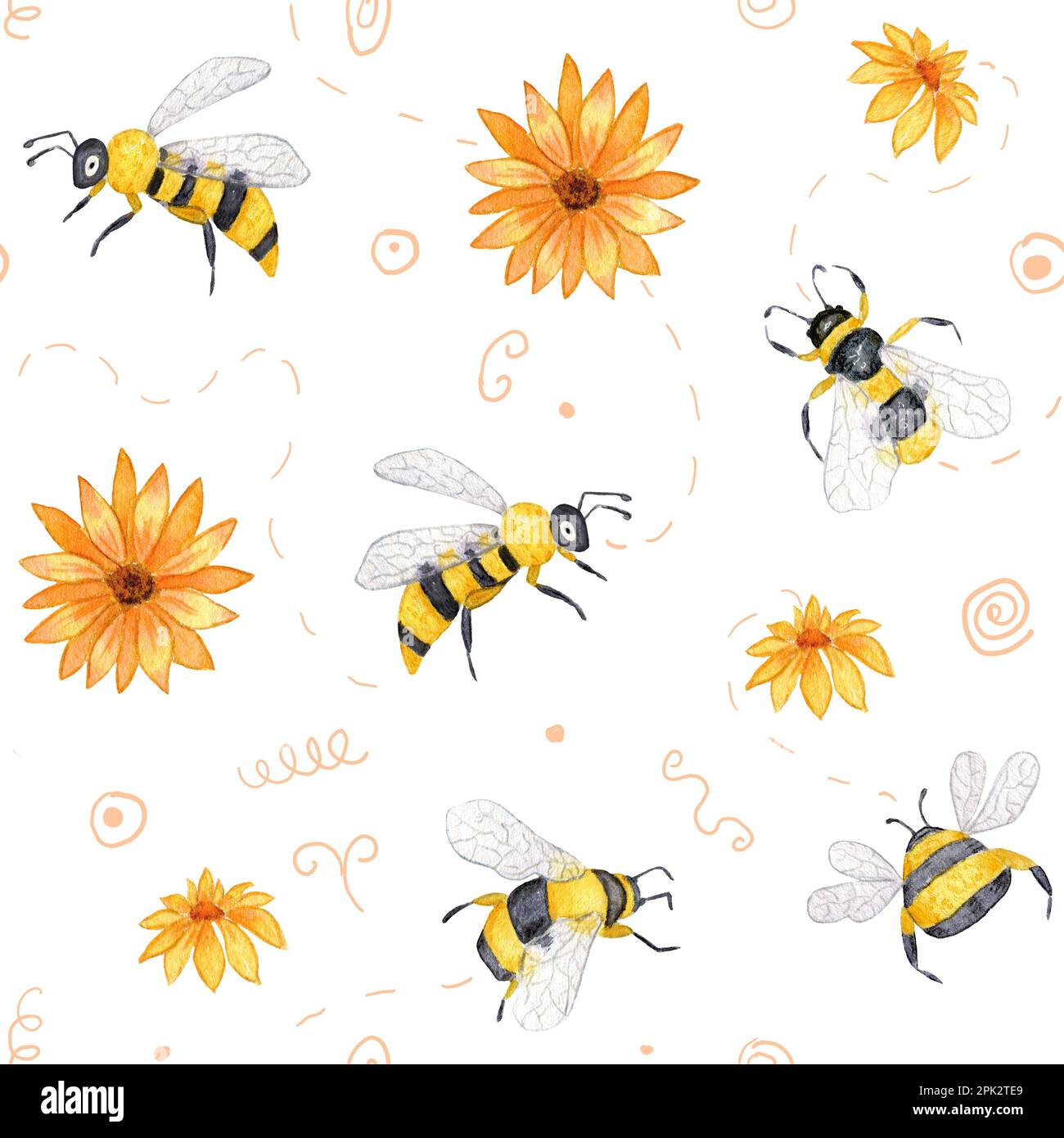 Bienenzucht. Wasserfarbenes, nahtloses Muster mit Bienen und Feldblumen. Design für Tapeten, Textilien und mehr. Auf weißem Hintergrund. Stockfoto