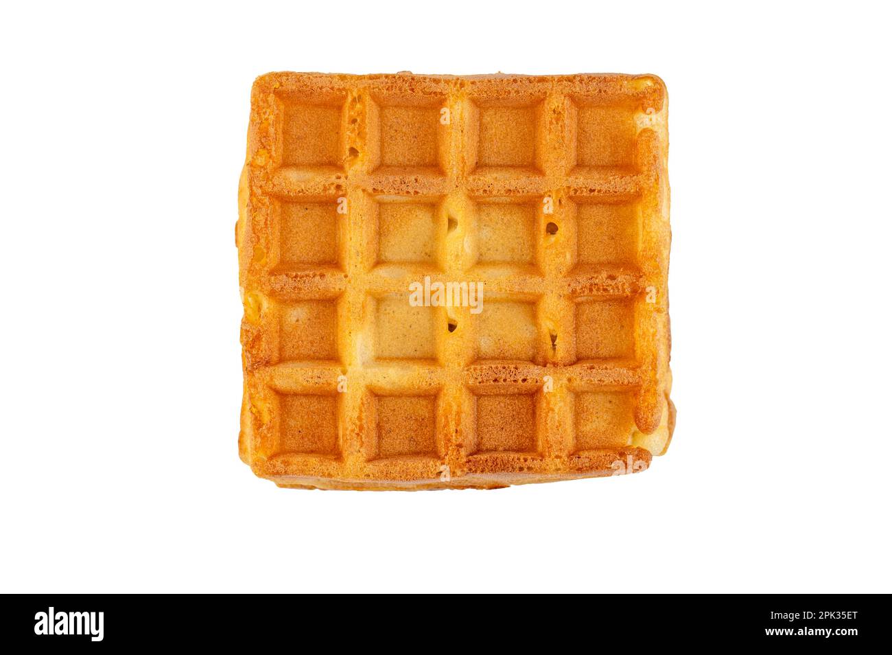 Quadratische belgische Waffel isoliert auf weiß, Draufsicht, Clipping-Pfad Stockfoto
