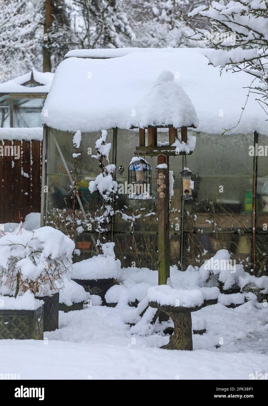 Ein Vogelhaus und Vogelfutter, bedeckt mit Schnee an einem Winterschneetag, England, Großbritannien Stockfoto