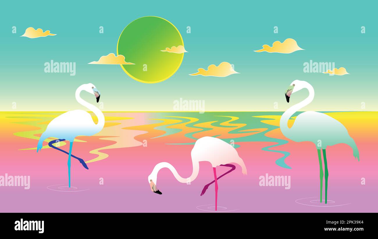 Eine sanfte Landschaft mit farbenfrohem Sonnenuntergang mit anmutigen Flamingos an der Küste. Schönheit in der Natur Stock Vektor