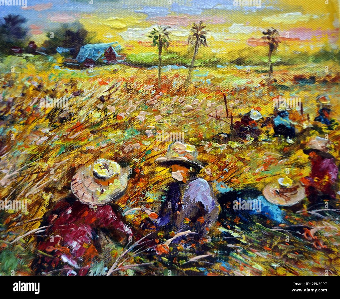 Kunstmalerei Ölfarben ernten Reis, Landschaft in den Provinzen Thailand auf Leinwand, lokale Lebensart Stockfoto
