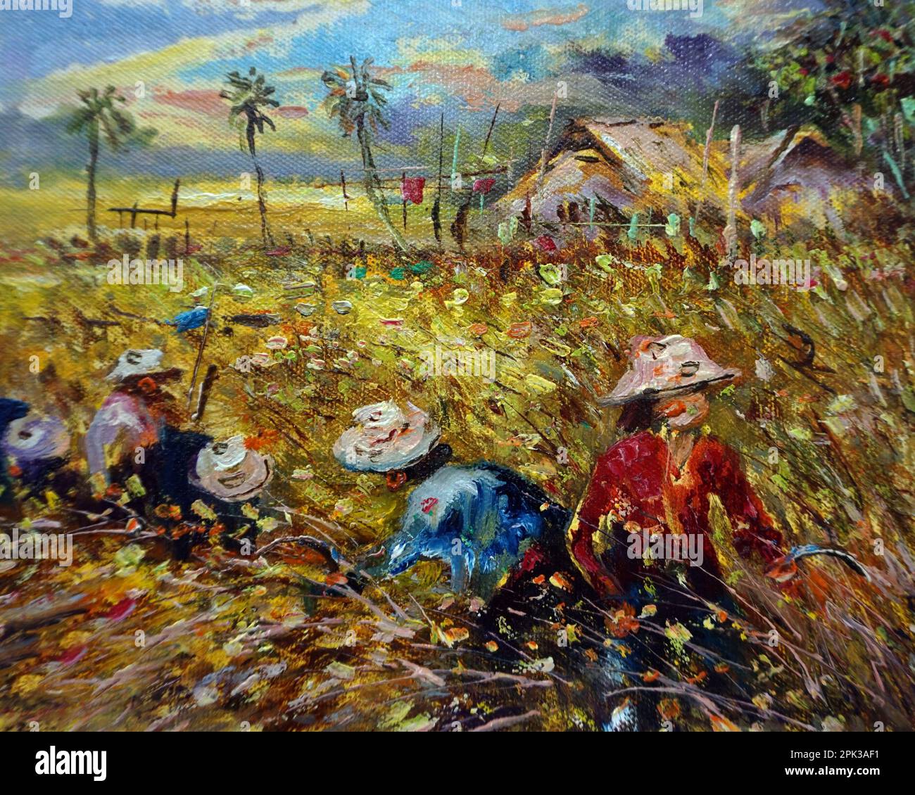 Kunstmalerei Ölfarben ernten Reis, Landschaft in den Provinzen Thailand auf Leinwand, lokale Lebensart Stockfoto