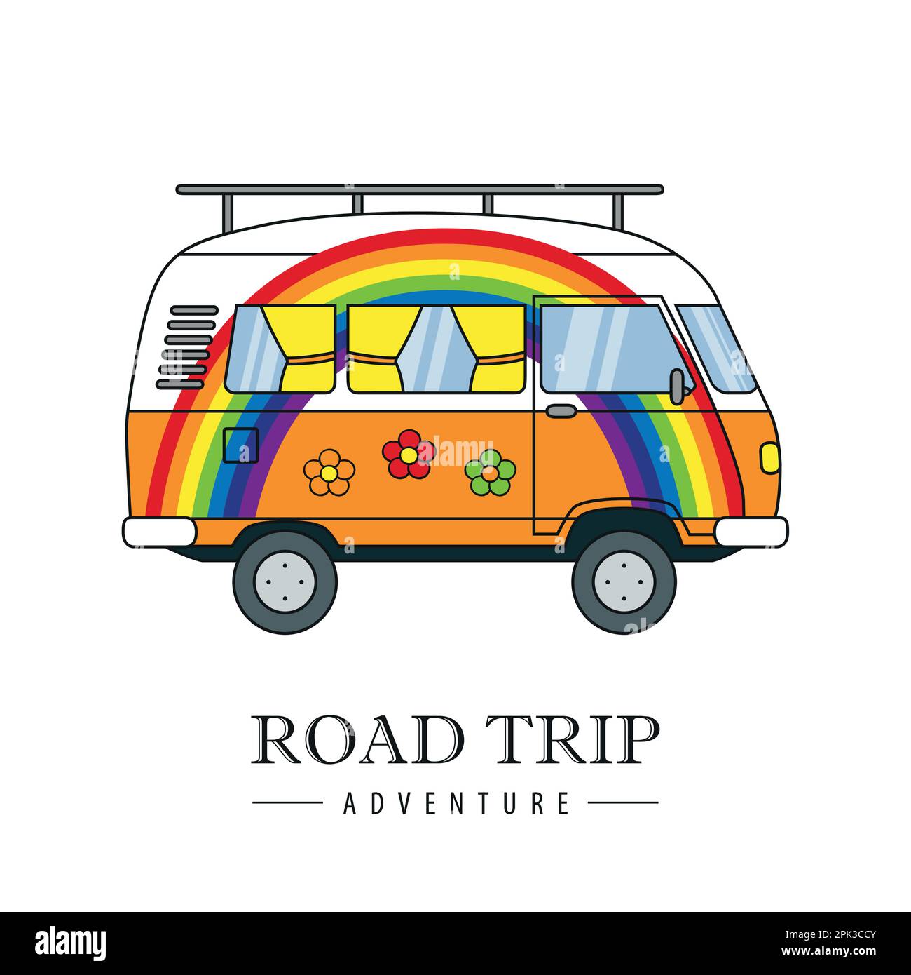 Roadtrip-Abenteuer mit Hippie Rainbow Camper-Van Stock Vektor