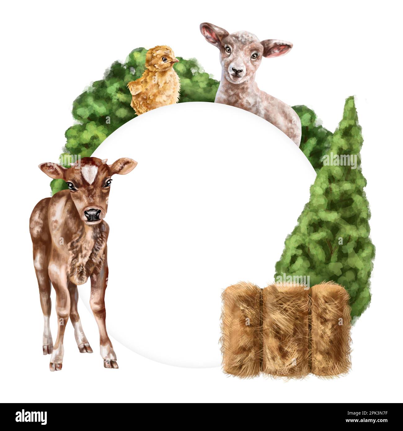 Rundzusammensetzung junger Nutztiere: Kalb, Lamm und Huhn zwischen Büschen und Heuhaufen. Für Postkarten, Textilien, Broschüren, Banner, Aufkleber Stockfoto