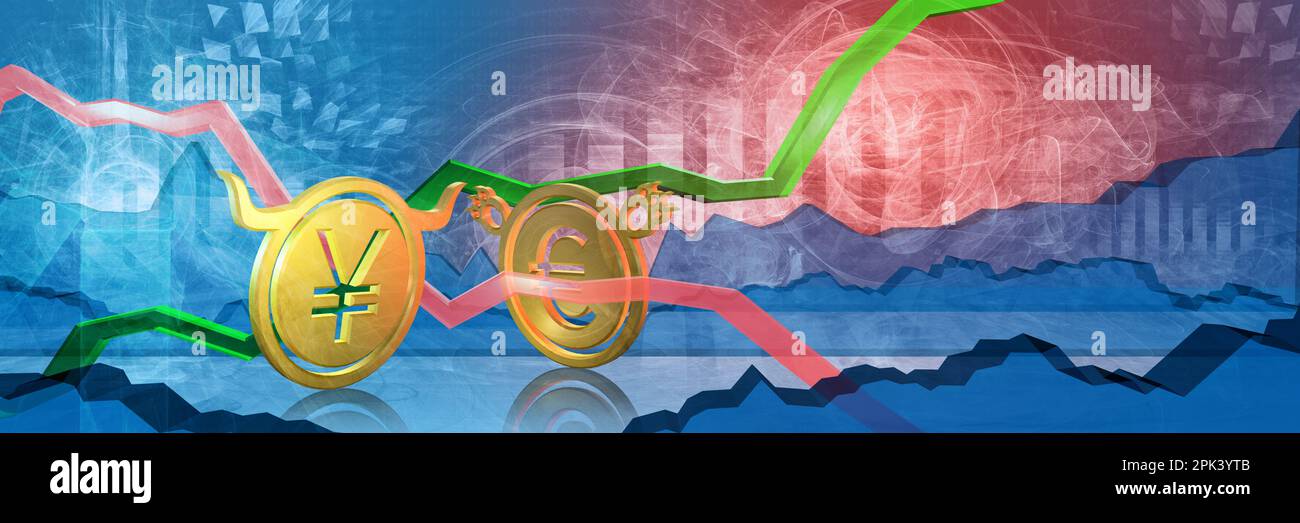 Bullish jpy oder cny mit Bearish eur gestoppt. Devisenmarkt 3D Darstellung japanischer Yen oder chinesischer Yuan in euro. Währungsrepresen Stockfoto