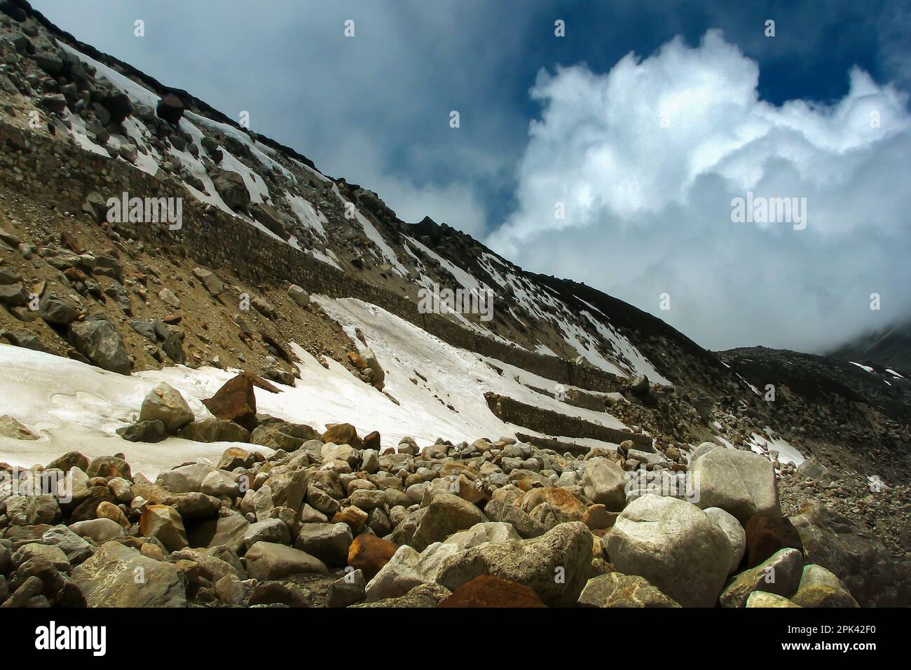 Spiel von Licht und Schatten in Yumesamdong, Zero Point, North Sikkim, Indien. Höhe 15.300 Fuß, letzter Außenposten der Zivilisation und keine Straße mehr. Stockfoto