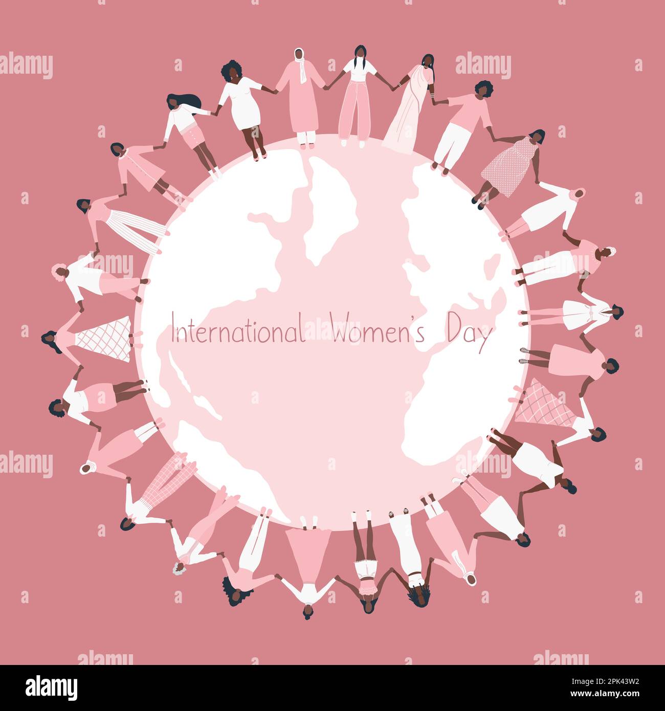 Frauen halten Händchen, stehen um die Weltkarte. Konzept zum Internationalen Frauentag. Frauengemeinde. Weibliche Solidarität. Multikulturelle Gruppe Stock Vektor